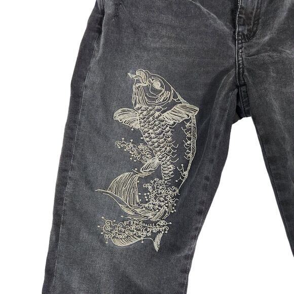 Zara Jeans Womens Sz 10 Black Koi Fish Embroidery Z1975 Denim Distressed Hems - Picture 3 of 11